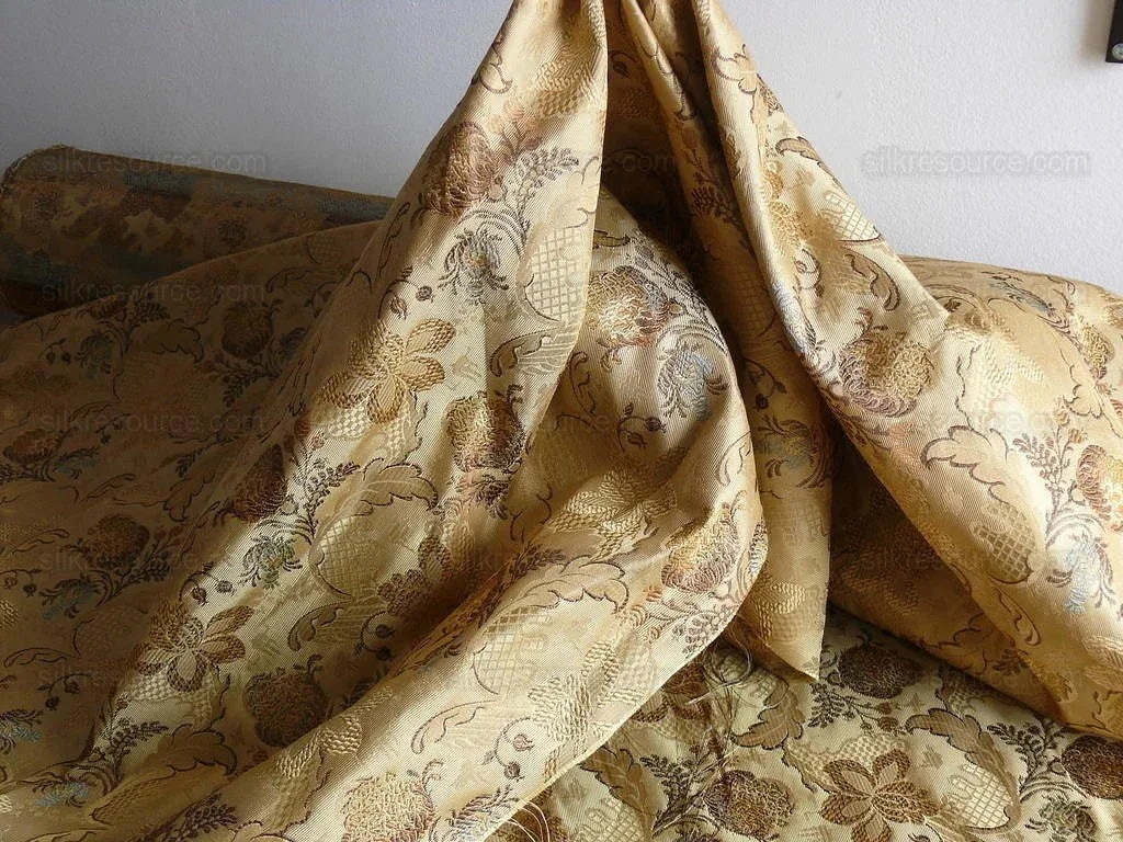 by yard French 100%silk Lampas Pom Orchid Lace Antique Gold