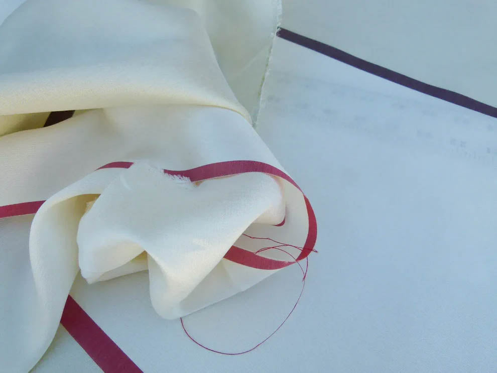 Scalamandre Dorabella Garnet Red Purple Stripe On White Silk Organza Old World Weavers MSRP USD 244/yard