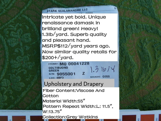 Scalamandre Coltibuono Grey Watkins Green Renaissance Damask Old World Weavers MSRP USD 224/Y