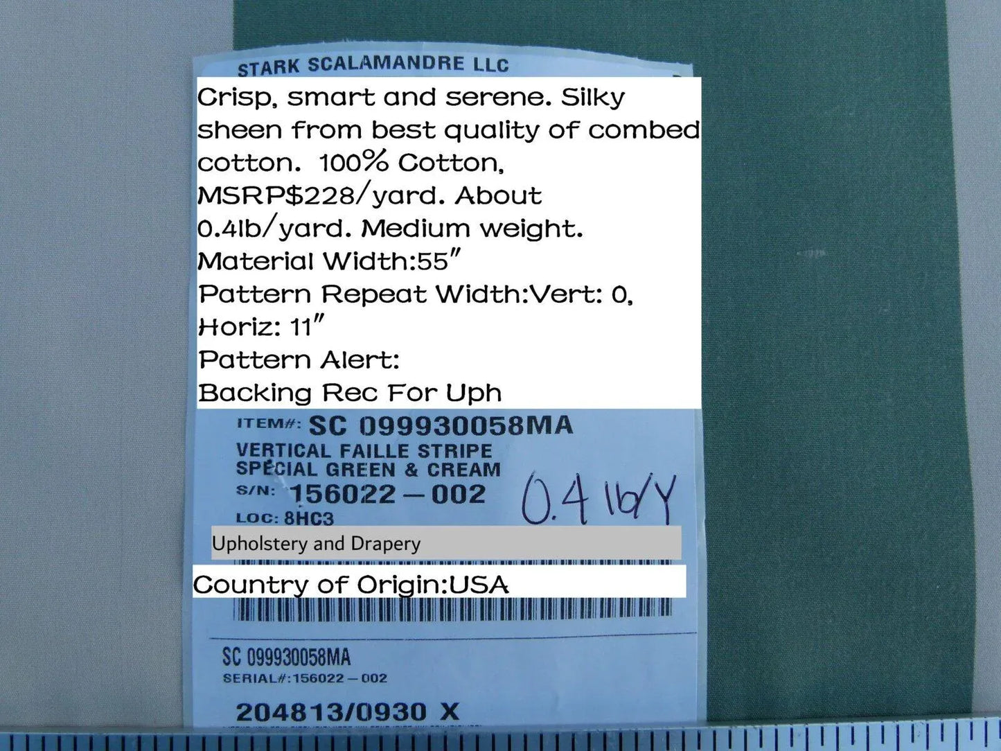 Scalamandre " Vertical Faille Stripe " in Special Green & Cream Cotton Satin Old World Weavers MSRP USD 228/Y