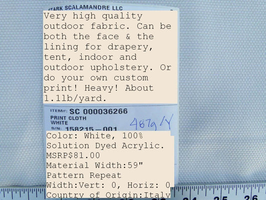 Scalamandre Print Cloth White Old World Weavers Outdoor Canvas MSRP USD 81/y