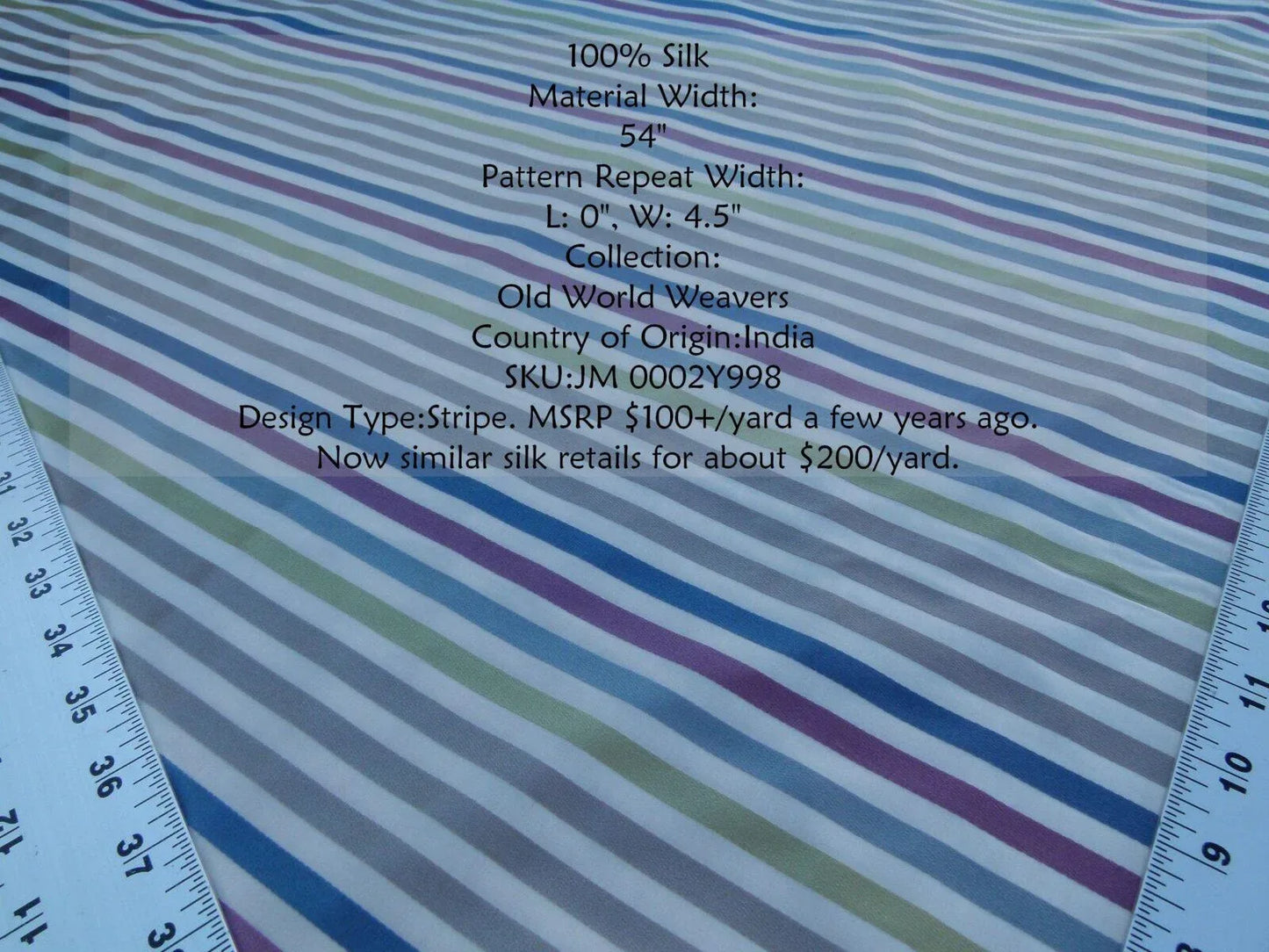 By Yard Tribolo Silver Blue Red Plum Spring Green on Beige Silk Stripe Scalamandre MSRP USD 200USD/Y