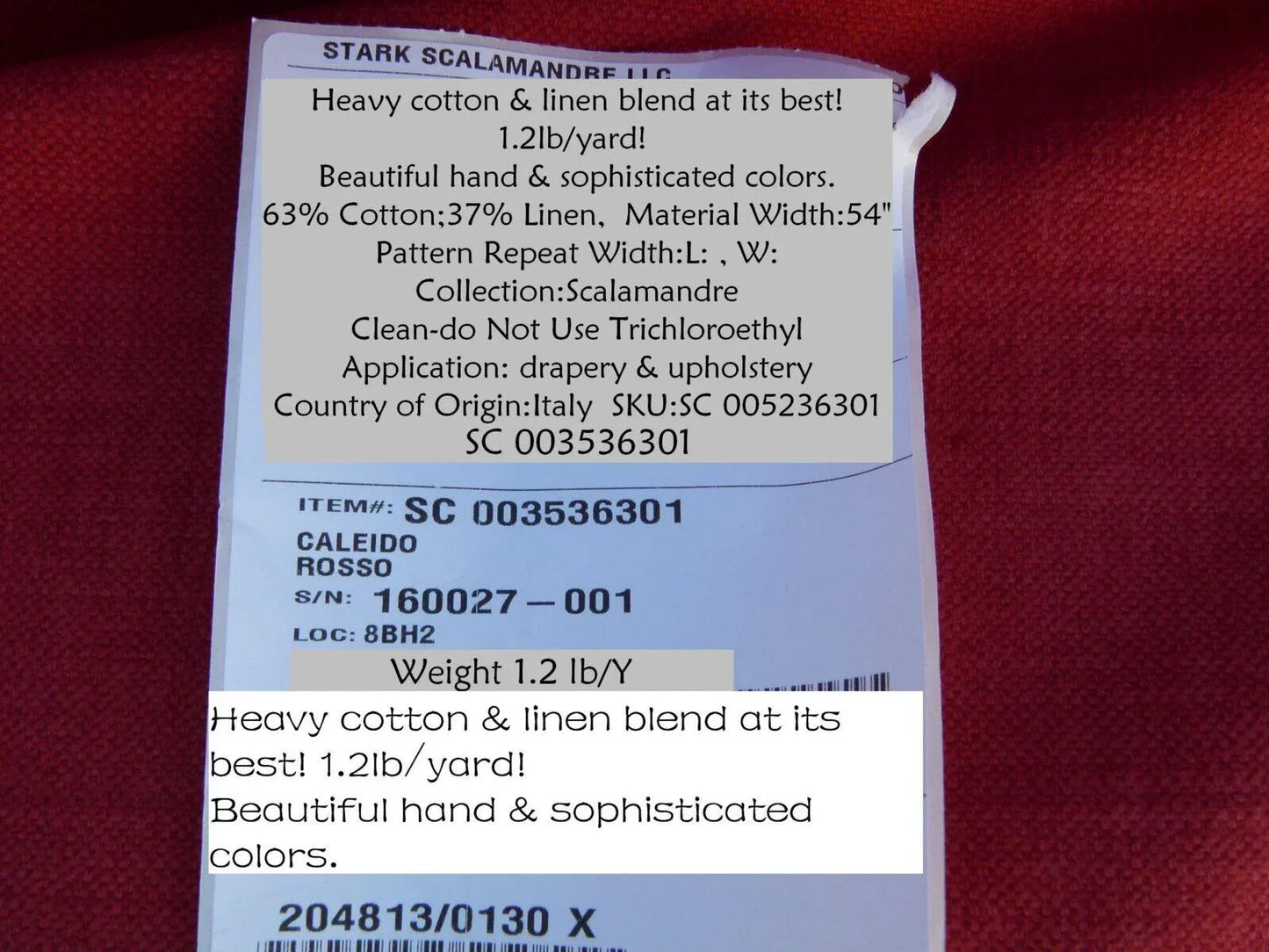 Scalamandre Caleido Rosso Red Cotton Linen Old World Weavers Heavy MSRP USD 120/y