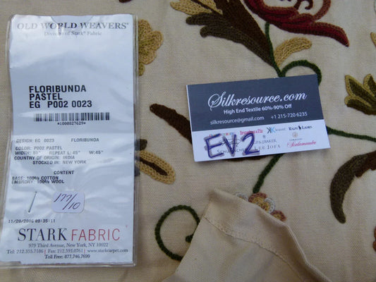 21 Ev2 1.2y Scalamandre Floribunda Pastel Green Brown Cotton Wool Embroidery MSRP USD 400+/Y