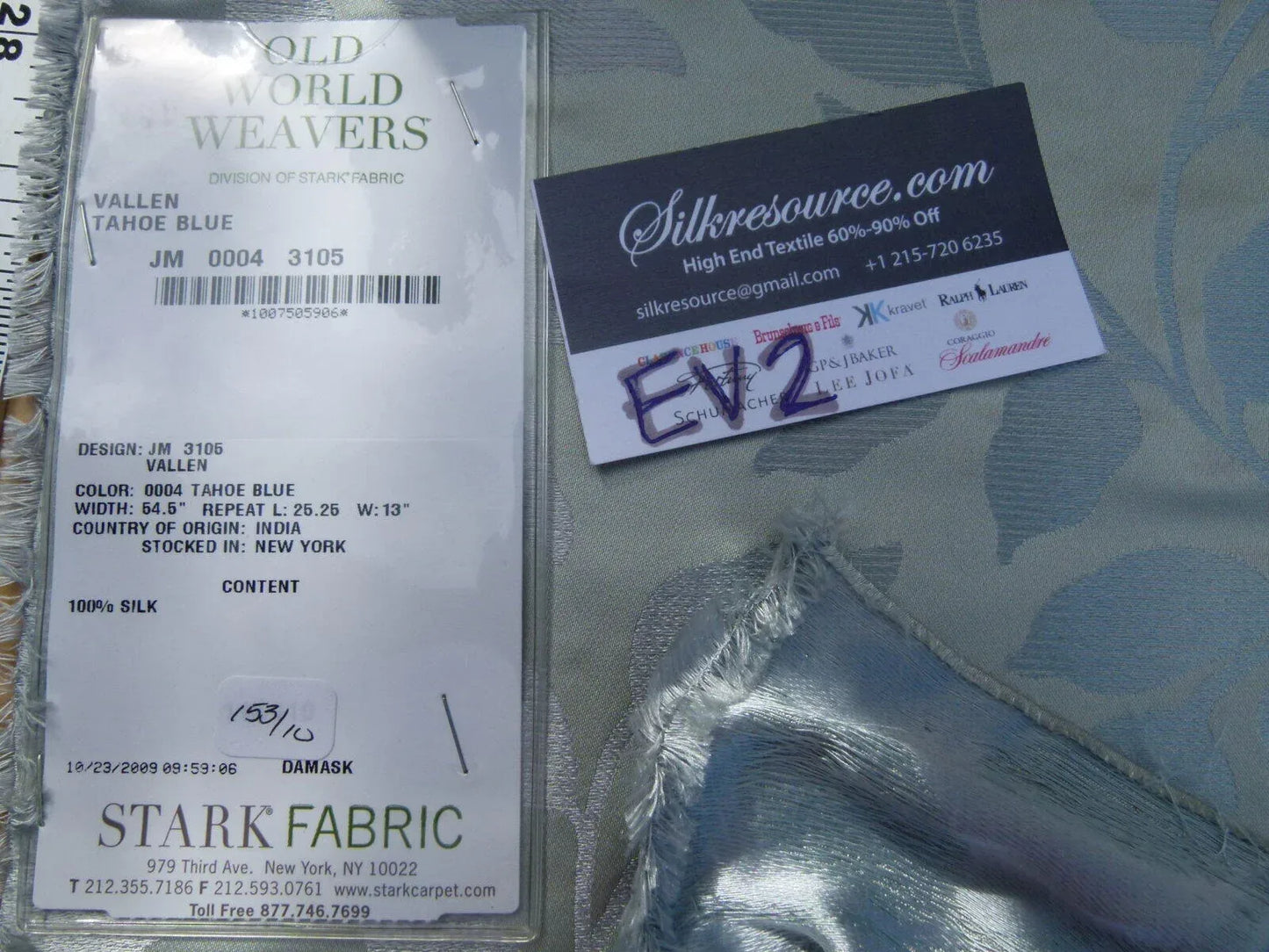 30 Ev2 1.3y Scalamandre Vallen Tahoe Blue Silver Silk Leaf Woven MSRP 543/Y