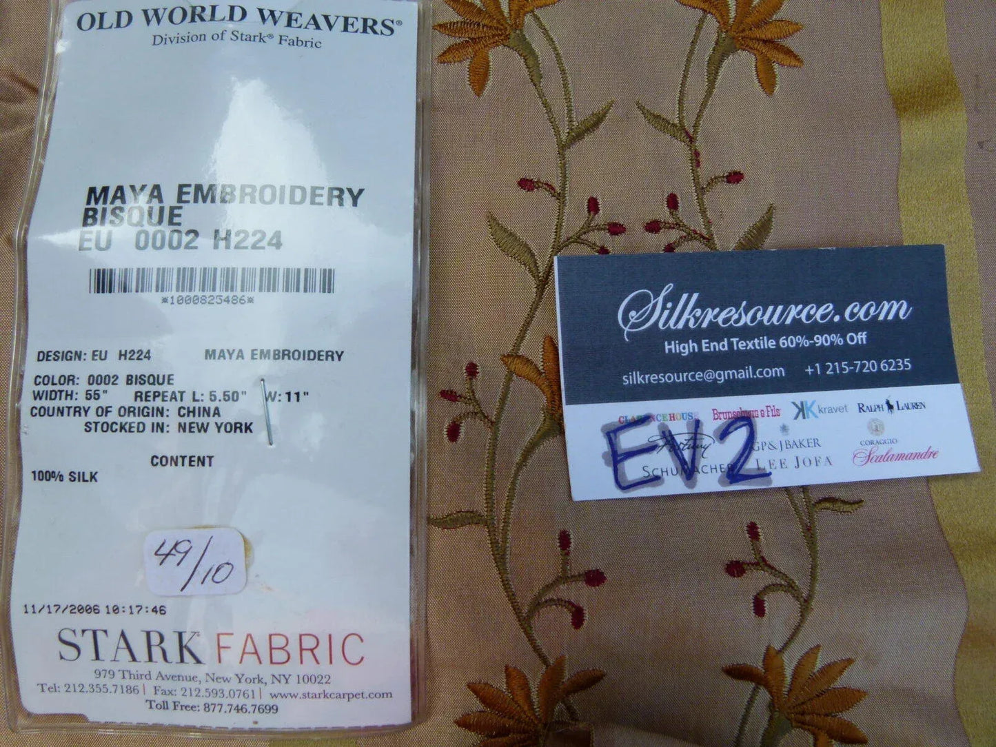 35 Ev2 1.2y Scalamandre Maya Embroidery Bisque Brown Silk Floral Stripe