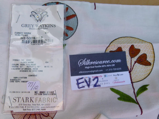 39 Ev2 1.2y Scalamandre Fancy Work Teal Rust Red On White Modern Flower Power Embroidery MSRP USD 200/yard