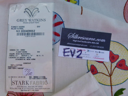 41 Ev2 1.2y Scalamandre Fancy Work Coral Red Blue On White Modern Flower Power Embroidery MSRP USD 200/yard (copy)