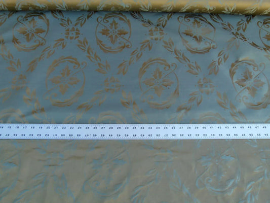 Scalamandre Navonna Reseda Blue Green Neoclassical Silk Lampas Medallion Crest MSRP USD 444/yard Old World Weavers