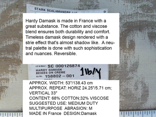 Scalamandre Renaissance Hardy Damask Beiges On Crème White Cotton Viscose French Court MSRP USD 218/Y