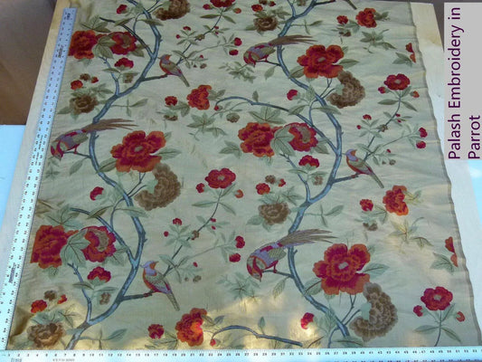 Scalamandre Palash Embroidery Parrot Bird Flower Tree of Life Palampore Tree Peony Red Gold Chnoiserie MSRP USD 332/yard