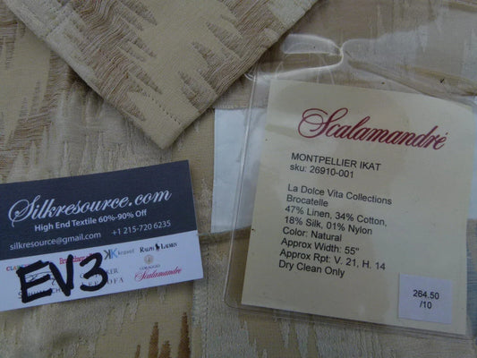 4 Ev3 Scalamandre 2.1y Montpellier Ikat Brocatelle Cream Tan Peacock Feather Silk Linen Cotton Blend Thick