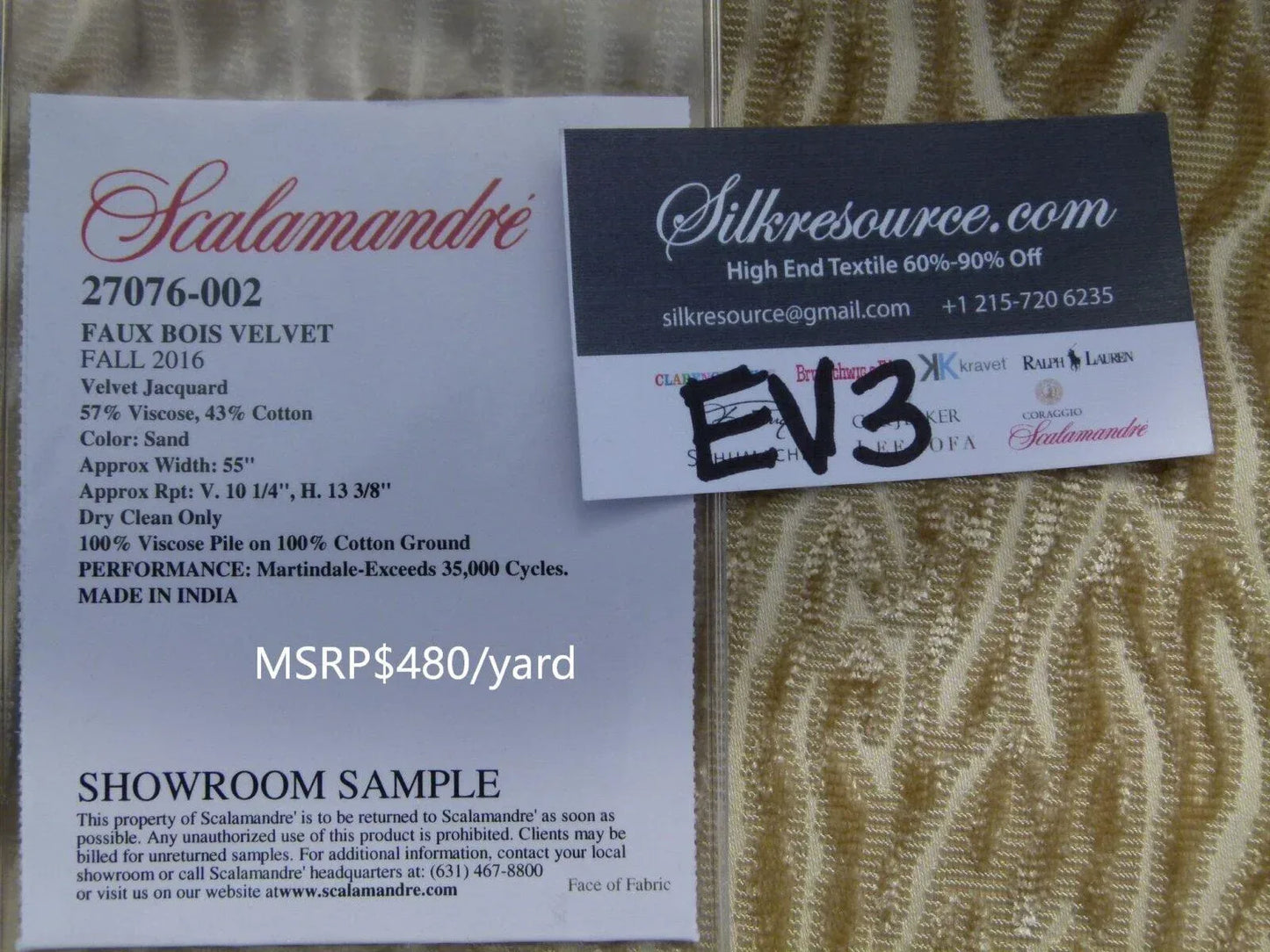 12 Ev3 Scalamandre 1.25y Faux Bois Sand Velvet Jacquard MSRP USD 480/Y