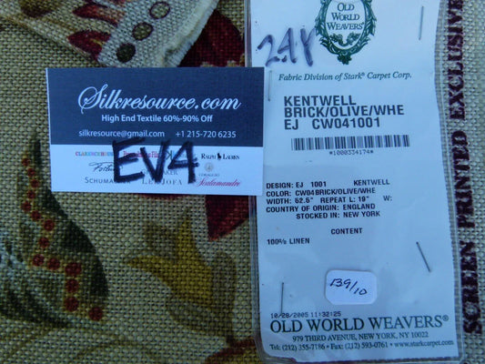 3 Ev4 2.4y Scalamandre Old World Weavers Kentwell Brick Olive Wheat English Chintz Linen Heavy MSRP USD 324/Y