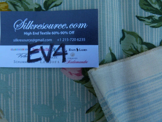 16 Ev4 Scalamandre 46" Sophia Blue Floral Rose and Sash Garland Stripe Linen Cotton print Trompe l'oeil