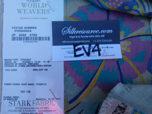 18 Ev4 Scalamandre 1.2y Festive Summer Hydrangea Blue Linen Royal Hippie Flower Power 1960s