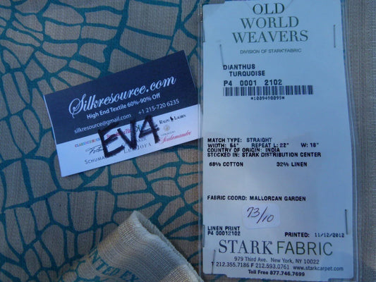 32 Ev4 Scalamandre 1.2y Dianthus Turquoise Print MSRP USD 144/Y Flower Print Old World Weavers Cotton Linen