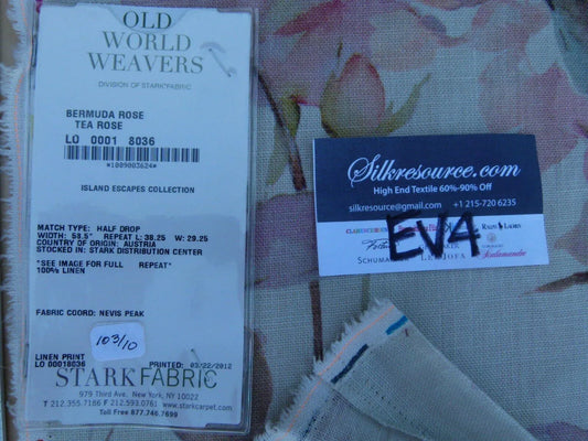 35 Ev4 Scalamandre 1.2y Bermuda Rose Tea Rose Pink Off White Floral Linen Print