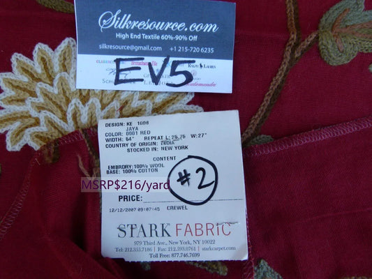 16 Ev5 Scalamandre 34"x29" Jaya Red Wool Chrysanthemum Embroidery On Cotton MSRP USD 216/Y