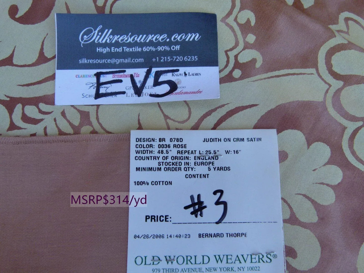 28 Ev5 35"x24"scalamandre Showroom Sample Judith On Cream Satin Rose Cotton Print MSRP USD 314/Y (copy)