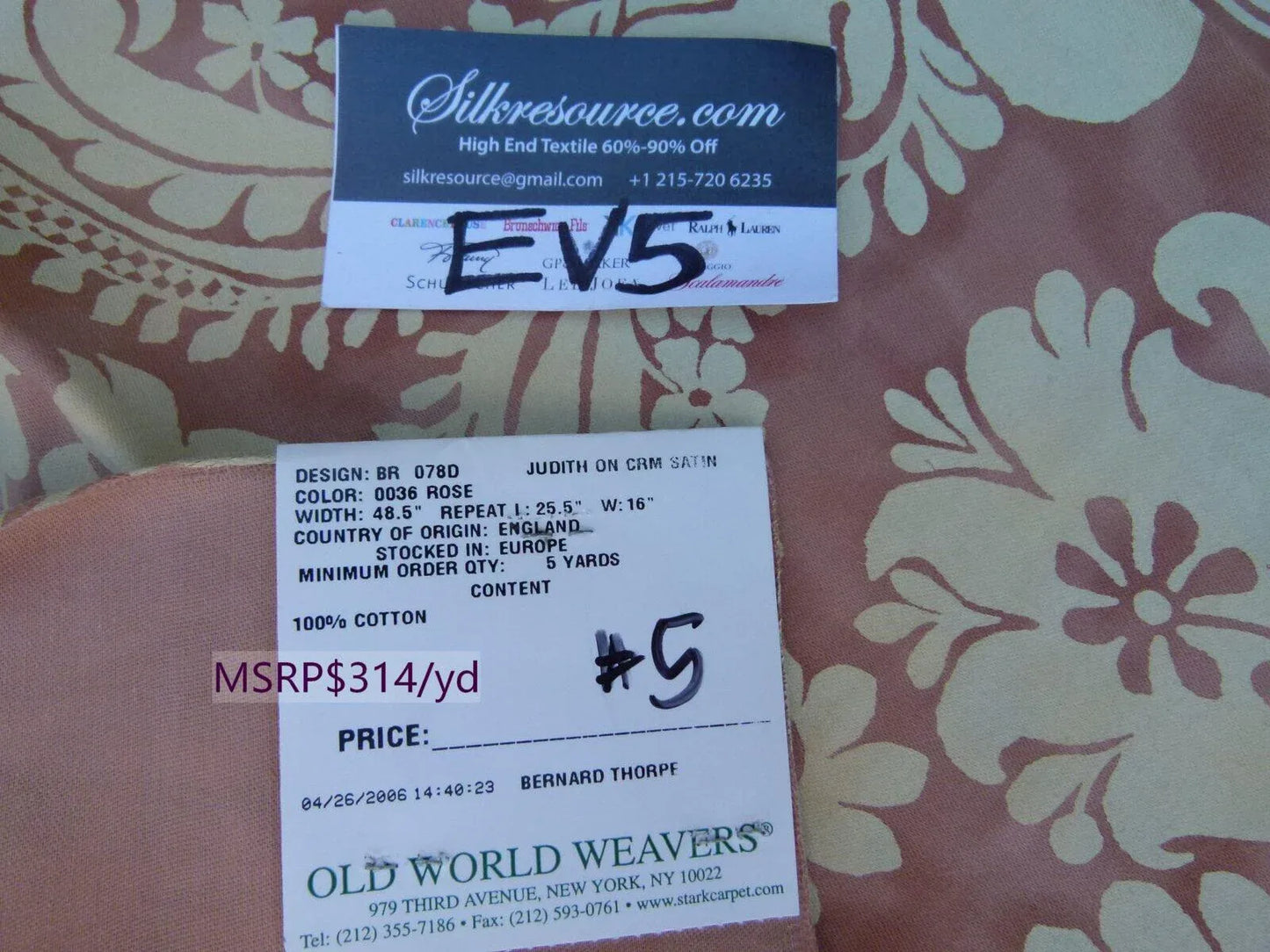 30 Ev5 30"x24"scalamandre Showroom Sample Judith On Cream Satin Rose Cotton Print MSRP USD 314/Y (copy)