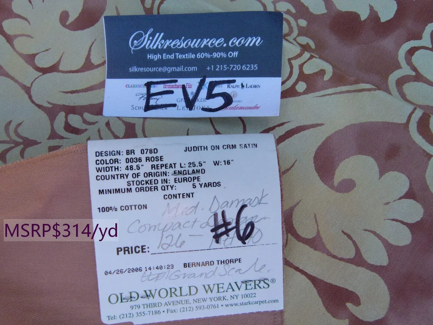 31 Ev5 35"x24"scalamandre Showroom Sample Judith On Cream Satin Rose Cotton Print MSRP USD 314/Y