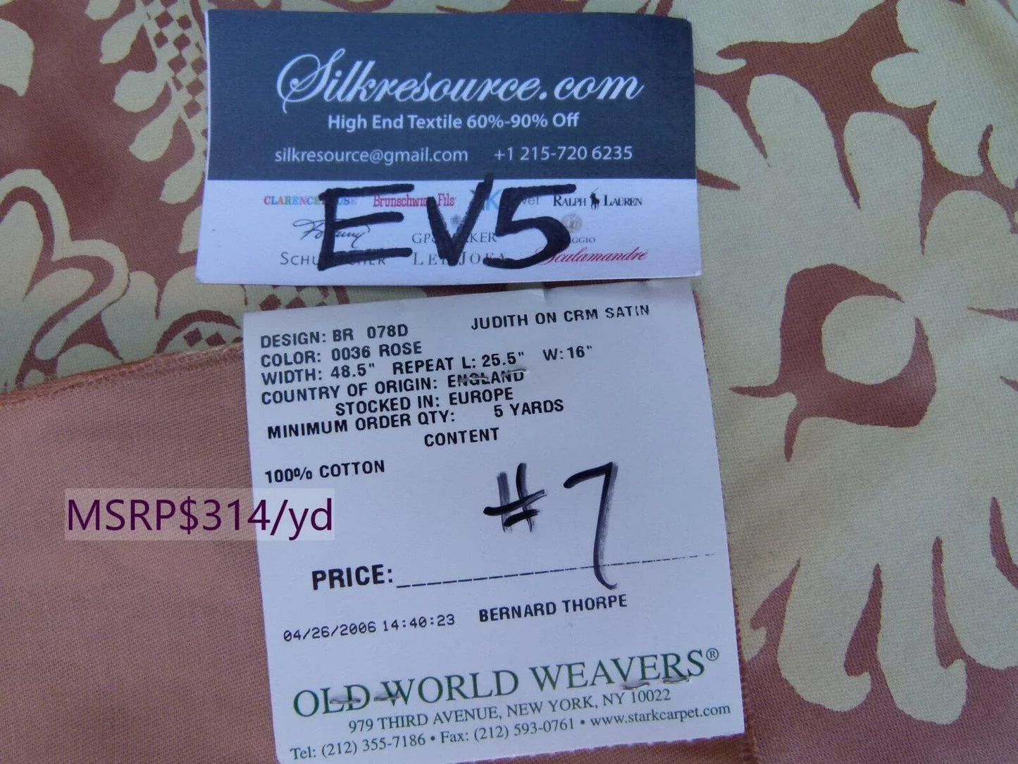 32 Ev5 35"x24"scalamandre Showroom Sample Judith On Cream Satin Rose Cotton Print MSRP USD 314/Y