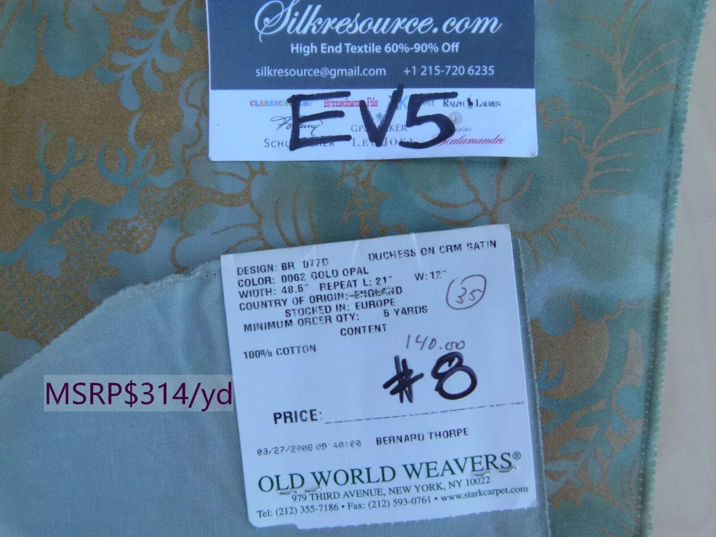 40 Ev5 35"x24" Scalamandre Showroom Sample Duchess On Cream Satin Gold Opal Blue Cotton Print MSRP USD 314/Y Minor Defect