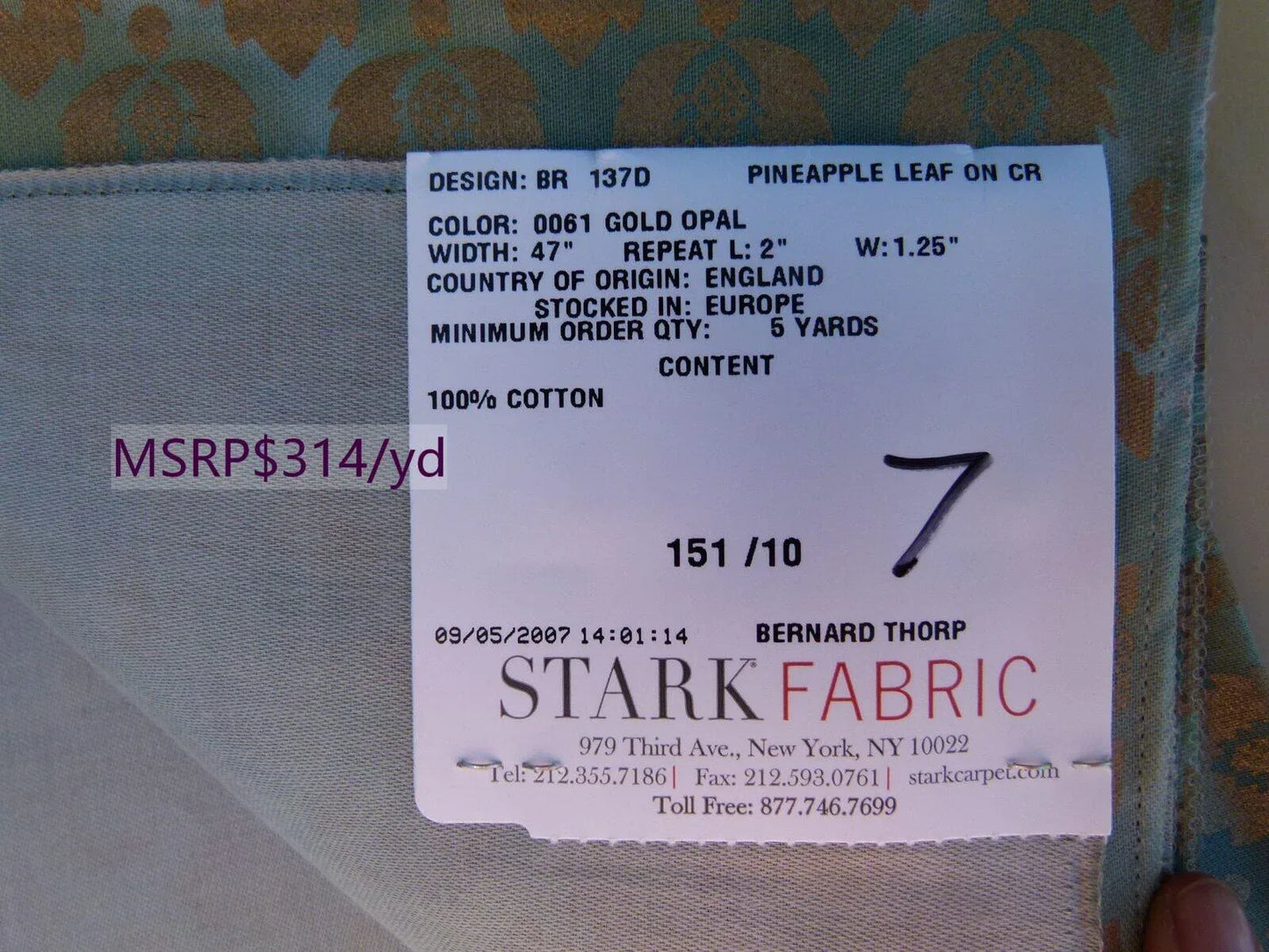 41 Ev5 33"x24" Scalamandre Showroom Sample Pineapple Leaf On Cream Gold Opal Blue MSRP USD 314/Y Per Piece