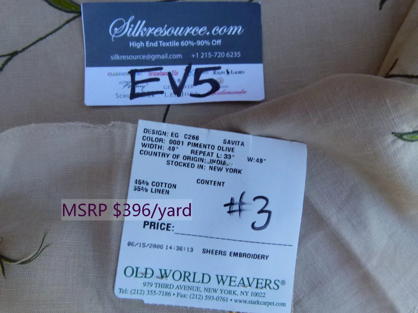 44 Ev5 34"x29"scalamandre Showroom Sample Savita Hand Embroidery Linen Crewel Cotton Linen MSRP USD 396/Y