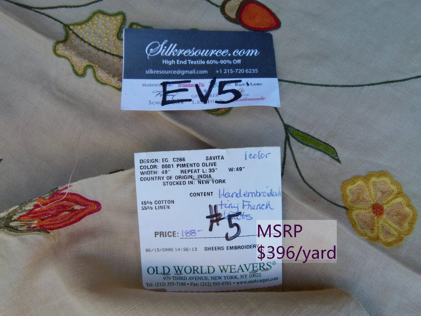 46 Ev5 34"x29"scalamandre Showroom Sample Savita Hand Embroidery Linen Crewel Cotton Linen MSRP USD 396/Y