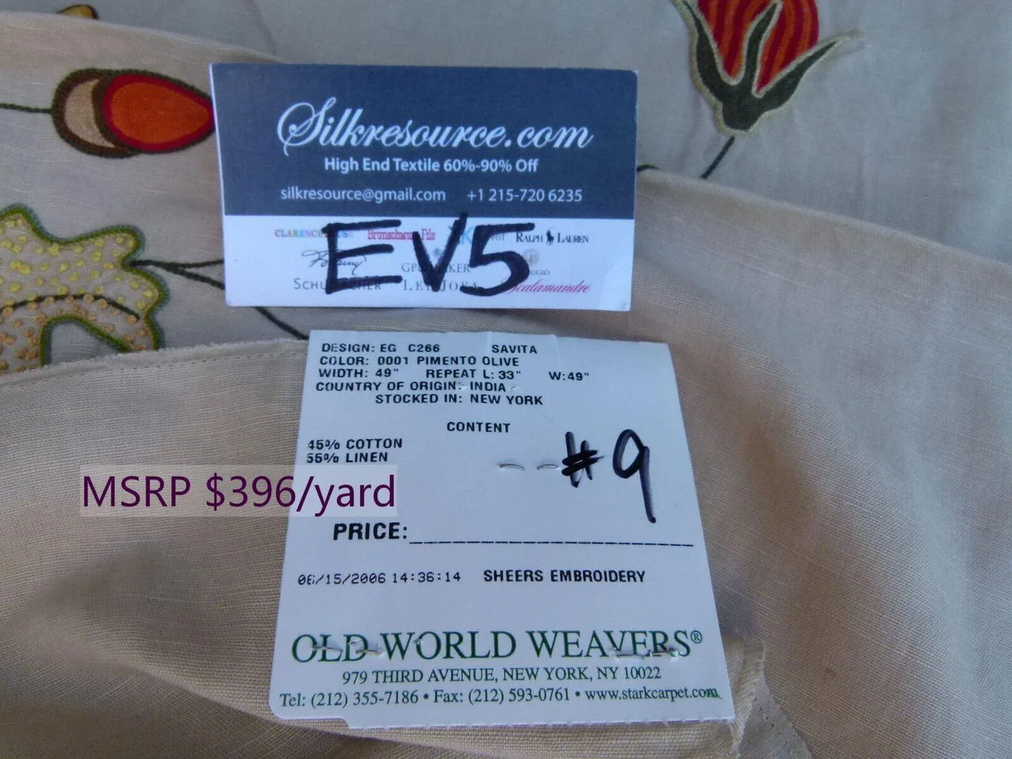 50 Ev5 34"x29"scalamandre Showroom Sample Savita Hand Embroidery Linen Crewel Cotton Linen MSRP USD 396/Y