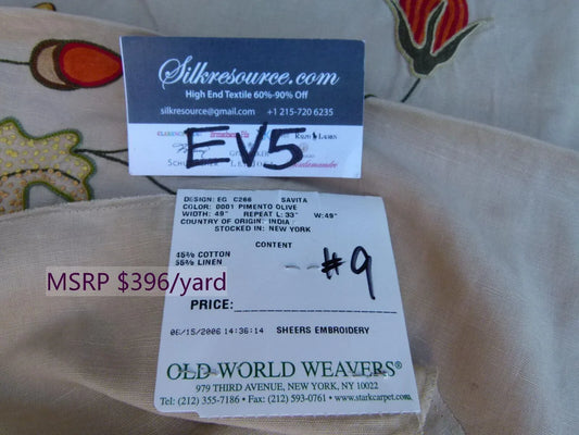 50 Ev5 34"x29"scalamandre Showroom Sample Savita Hand Embroidery Linen Crewel Cotton Linen MSRP USD 396/Y