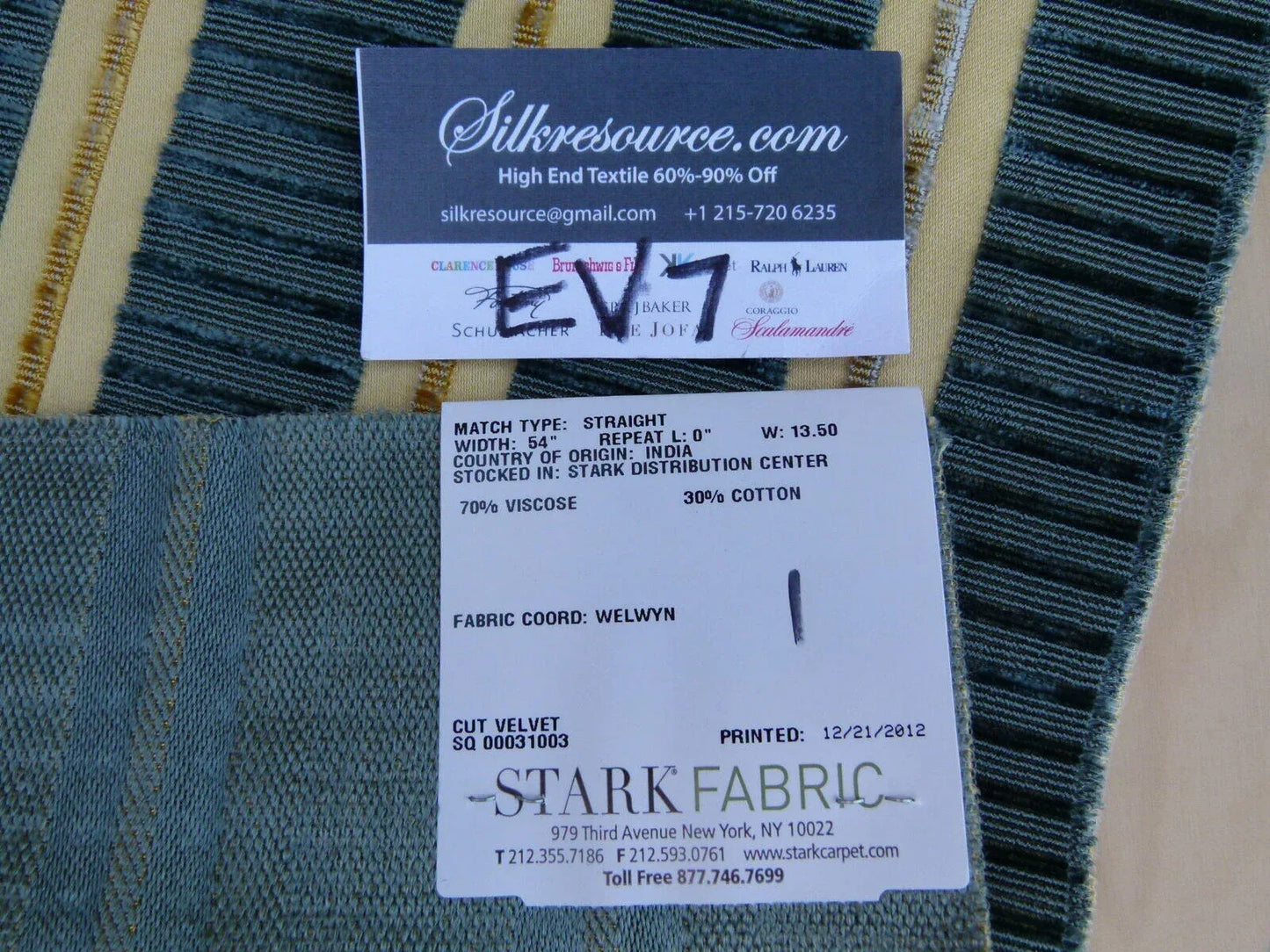 6 Ev7 Scalamandre Showroom Sample Square Pembroke Bluebell Blue Yellow Gold Cut Velvet Stripe Per Piece