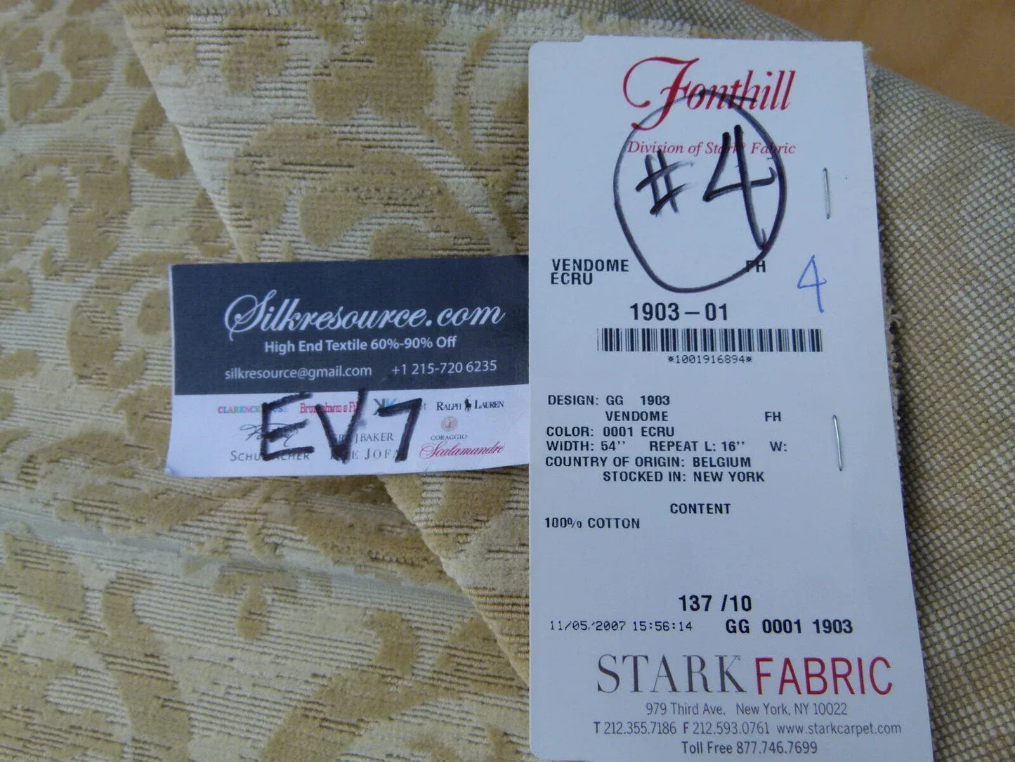 15 Ev7 Scalamandre Showroom Sample Square Vendome Ecru Tan Cotton Cut Velvet Floral #4