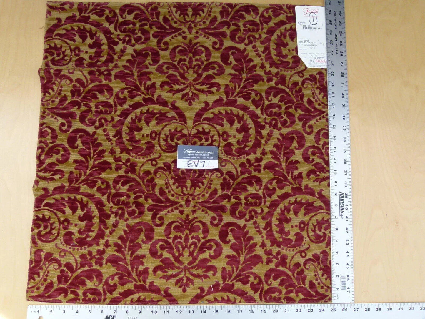 21 Ev7 Scalamandre Showroom Sample Square Vendome Red Tan Cotton Cut Velvet Floral #1
