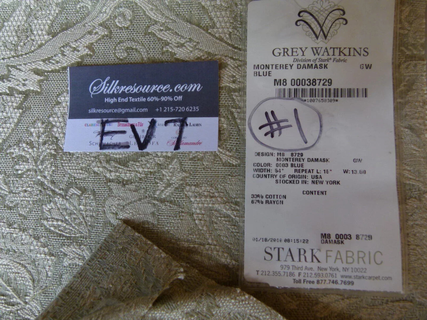 31 Ev7 Scalamandre Showroom Sample Square Monterey Damask "blue" Beige #1