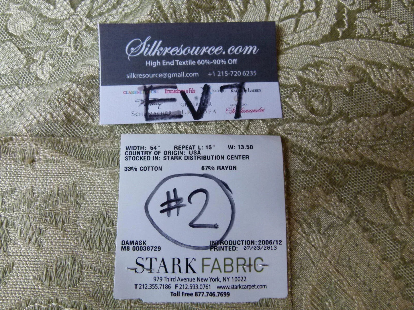 32 Ev7 Scalamandre Showroom Sample Square Monterey Damask "blue" Beige #2