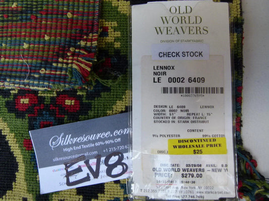 7 Ev8 Scalamandre Showroom Sample Square Lennox Noir Black Blue Red Green Cotton MSRP USD 279/Y