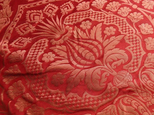 by yard Renaissance Artichoke Silk Damask In Cabernet Red & Copper
