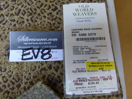 22 Ev8 Scalamandre Showroom Sample Square Leopard Rose Washed Khaki Floral MSRP USD 129/Y