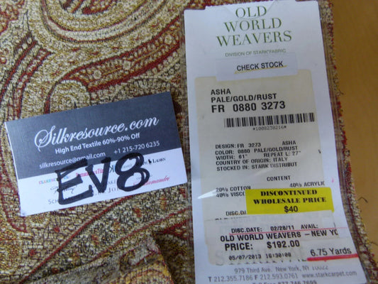 23 Ev8 Scalamandre Showroom Sample 32"x26" Asha Woven Turkish Paisley Chenille Pale Gold Rust MSRP USD 256/Y