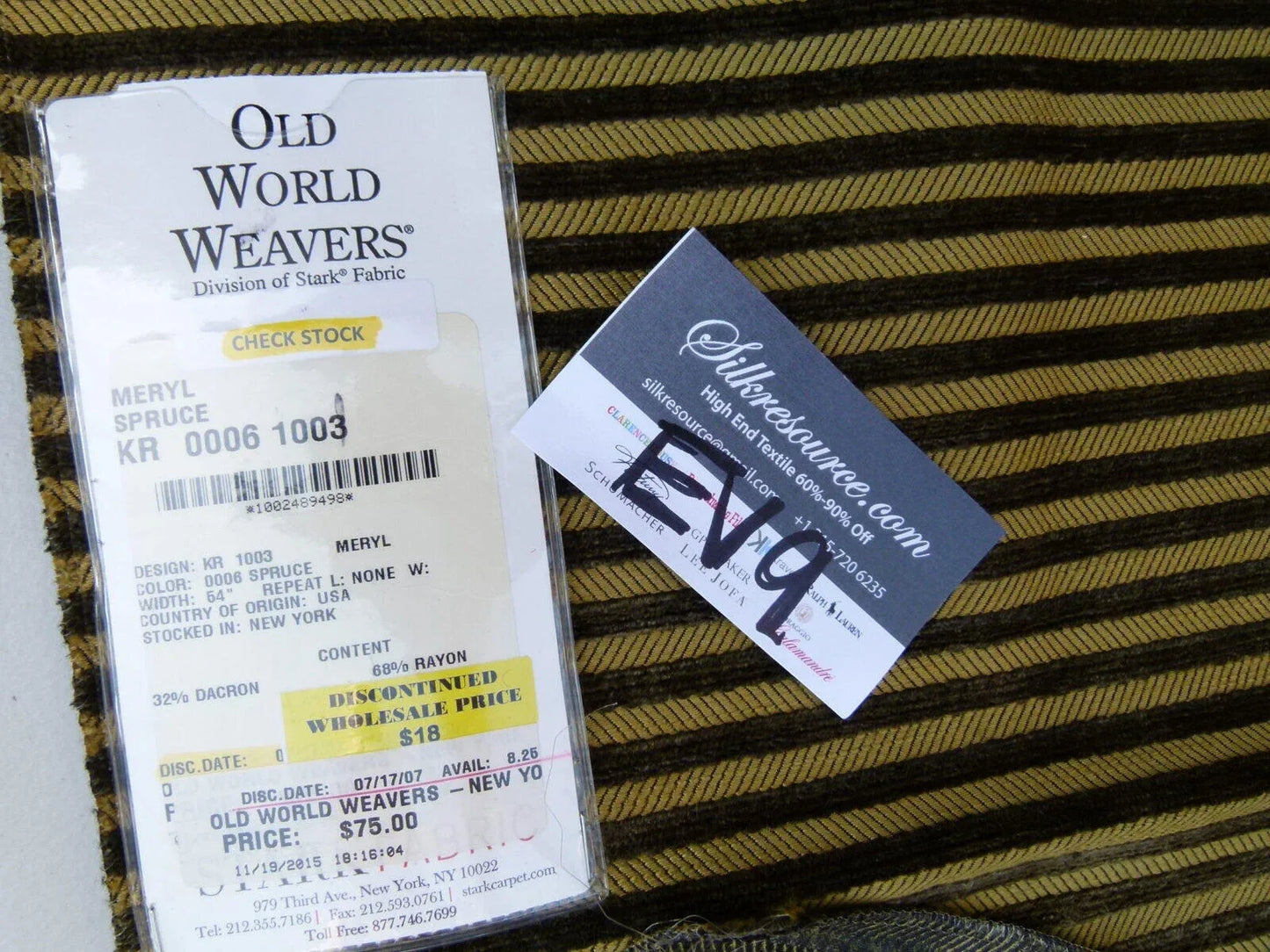 5 Ev9 Scalamandre Showroom Sample Square Meryl Spruce Green Tan Woven Stripe