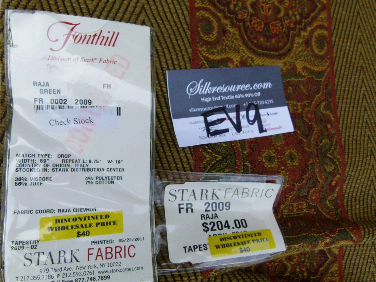 13 Ev9 Scalamandre Showroom Sample 33"x26" Raja Stripe Green Tapestry