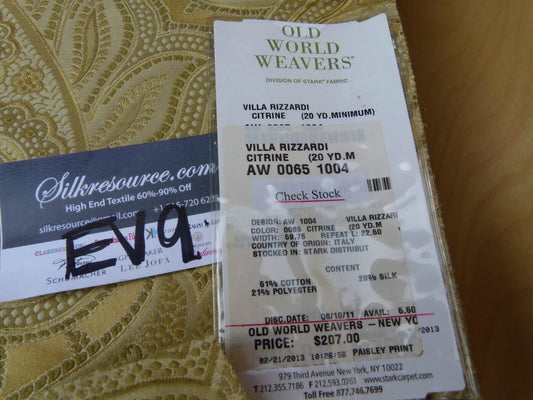 16 Ev9 Scalamandre Showroom Sample Square Villa Rizzardi Citrine Paisley MSRP USD 207/Y