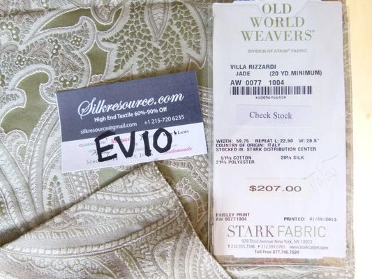 1 Ev10 Scalamandre Showroom Sample Square Villa Rizzardi Silk Jade Green Paisley MSRP USD 207/Y