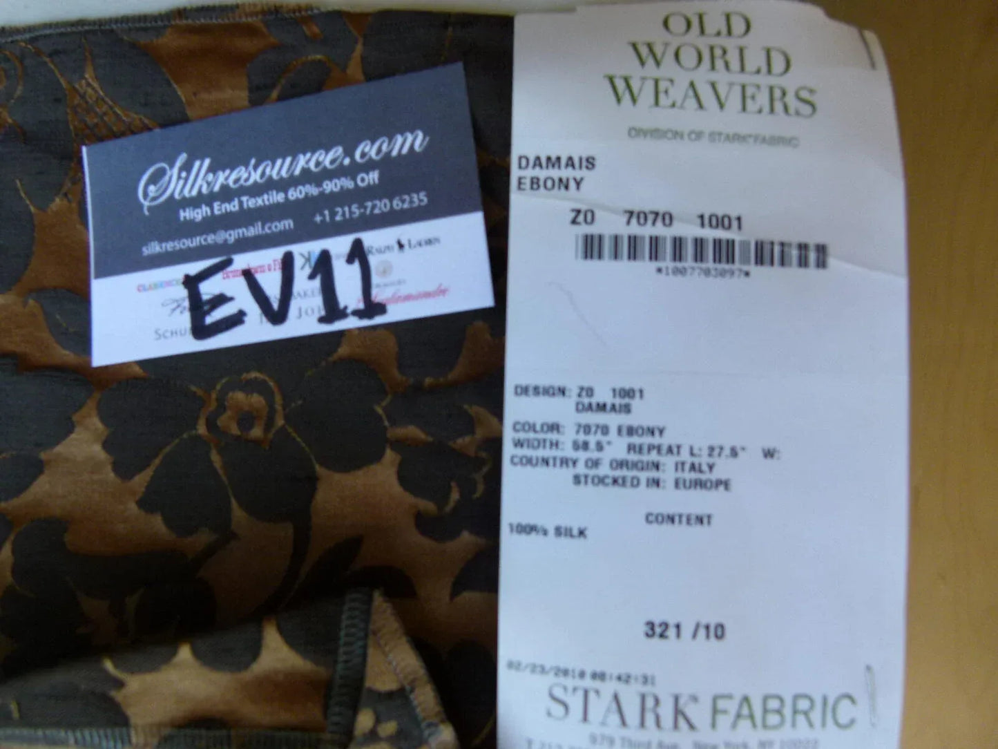 3 Ev11 Scalamandre Showroom Sample Square Damais Ebony 100% Silk Floral Black Brown