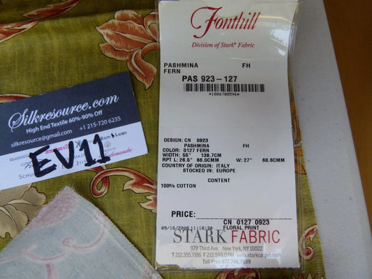 15 Ev11 Scalamandre Showroom Sample Square Pashmina Fern Arabesque Print On Cotton Green Red Tan MSRP USD 358/Y