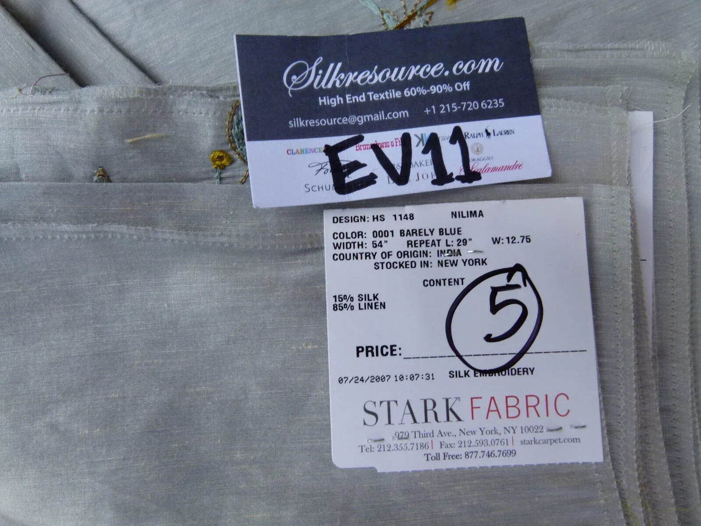 30 Ev11 Scalamandre Showroom Sample 33"x27" Nilima Barely Blue Delicate Floral Vine Embroidery Silk Linen Per Piece