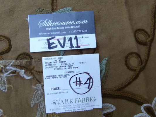 34 Ev11 Scalamandre Showroom Sample 35"x28" Jantar Cocoa Brown Green Floral Crewel Embroidery Cotton Wool #4